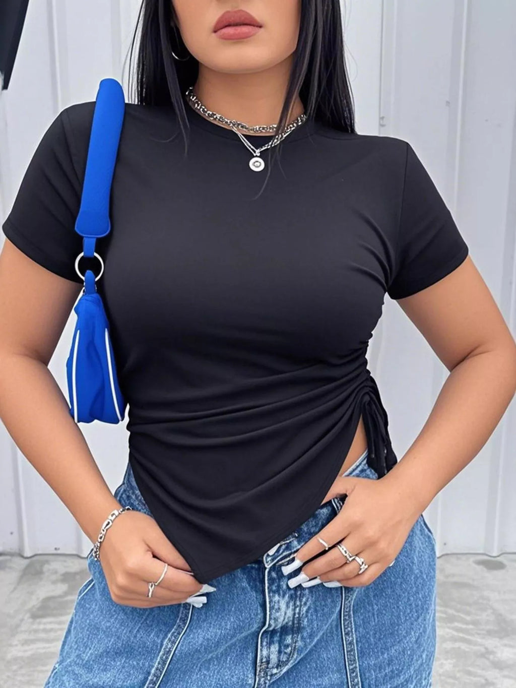 Ruched Round Neck Short Sleeve T-Shirt