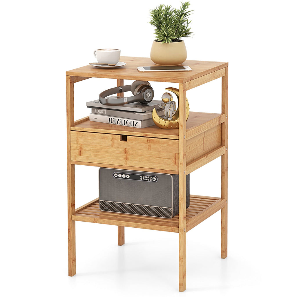 Bamboo Nightstand with Storage Drawer and Slatted Shelf