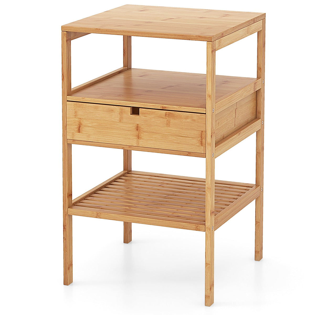Bamboo Nightstand with Storage Drawer and Slatted Shelf