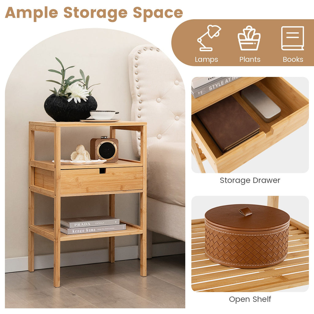 Bamboo Nightstand with Storage Drawer and Slatted Shelf