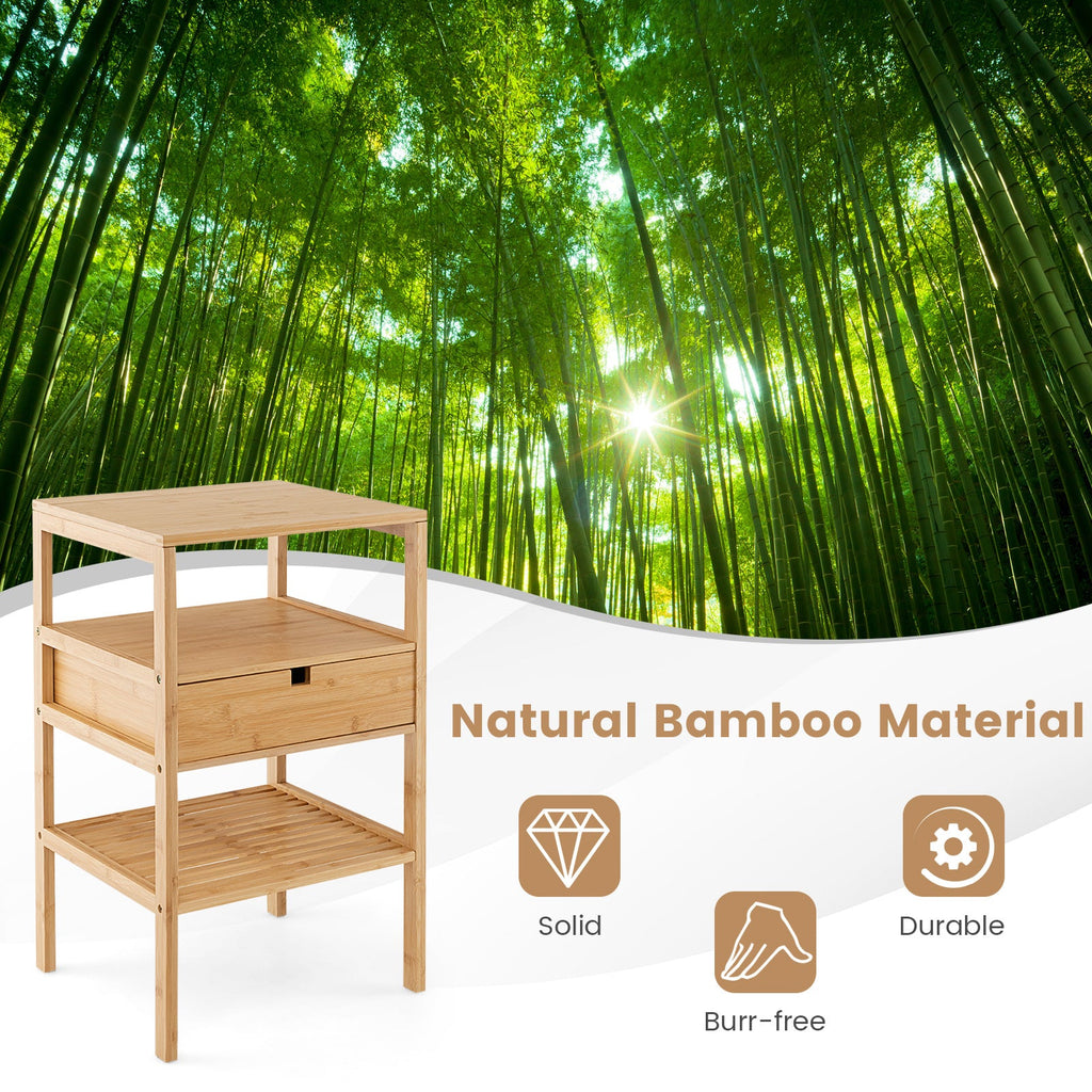 Bamboo Nightstand with Storage Drawer and Slatted Shelf