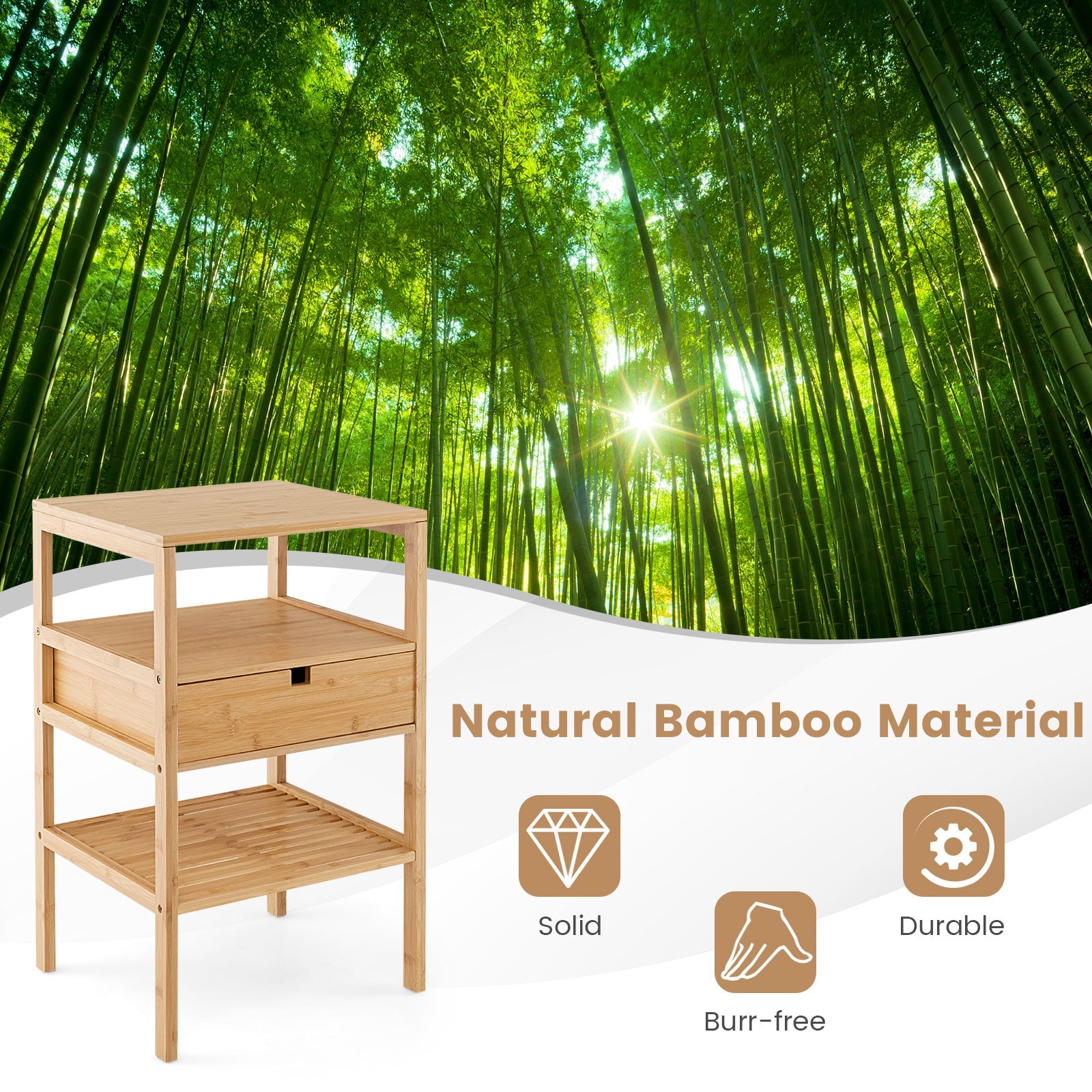 Bamboo Nightstand with Storage Drawer and Slatted Shelf