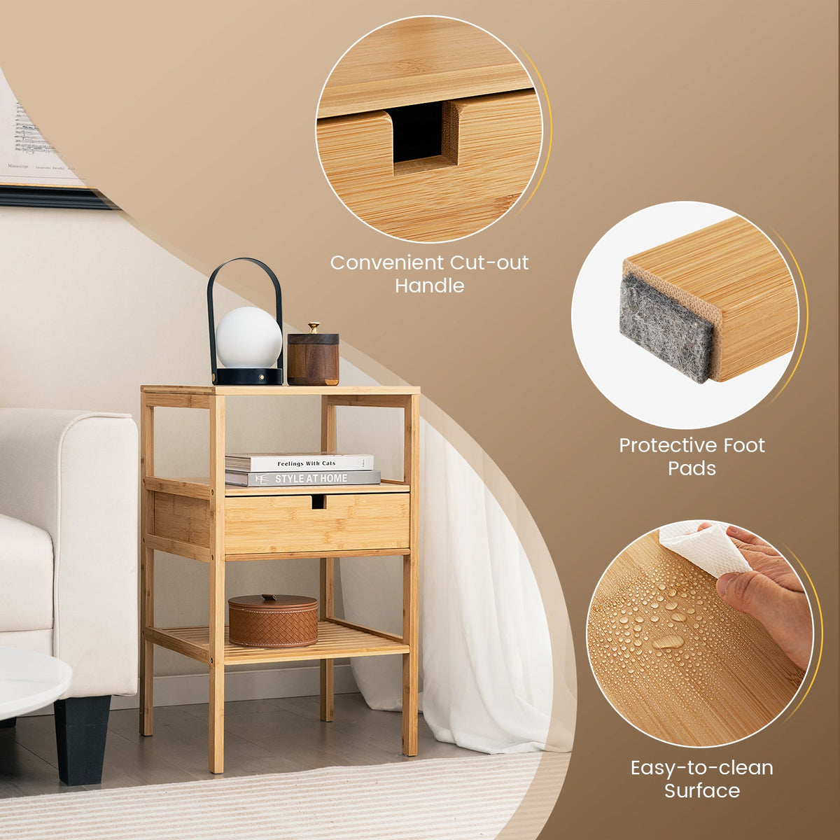 Bamboo Nightstand with Storage Drawer and Slatted Shelf