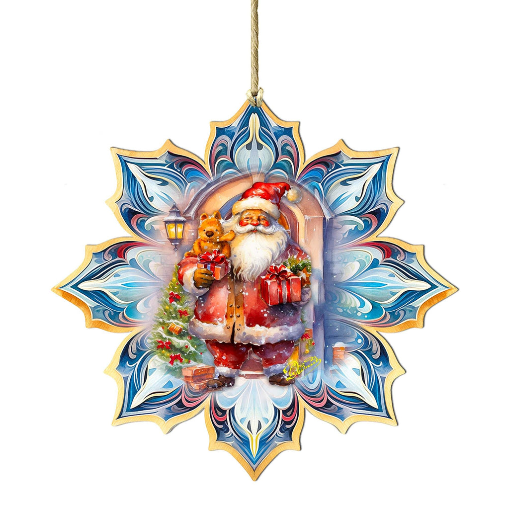 Santa with Gifts Snowflake Large Wooden Ornament by G. Debrekht - Christmas Santa Snowman Decor - 8688421M