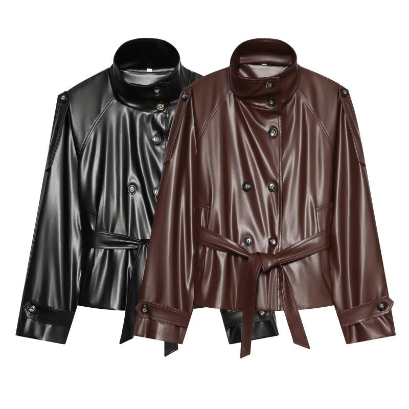 Womens AutumnWinter Double-Breasted Leather Jacket
