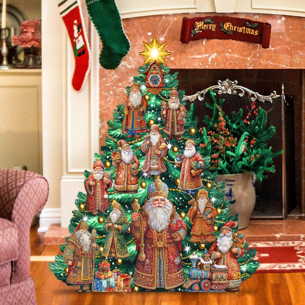 Santa-Themed Christmas Tree Outdoor Indoor Decor Wooden Christmas Decoration by G. Debrekht Christmas Decor - 8191517F