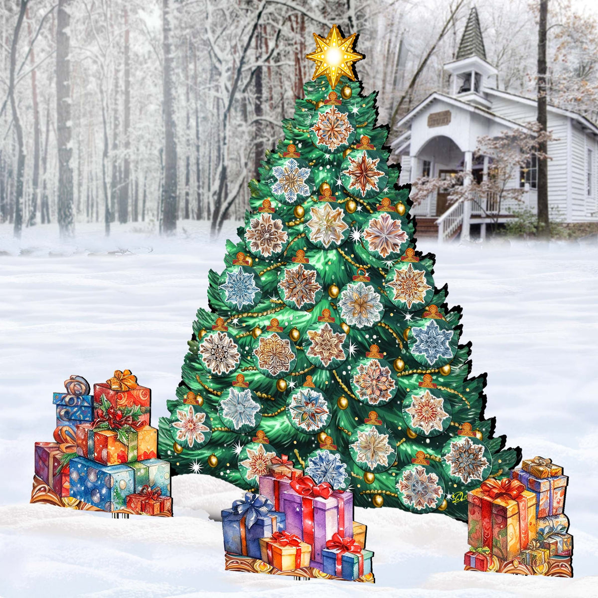 Snowflake-Themed Christmas Tree Outdoor Indoor Décor Wooden Christmas Decoration by G. Debrekht Christmas Décor - 8191504F-G