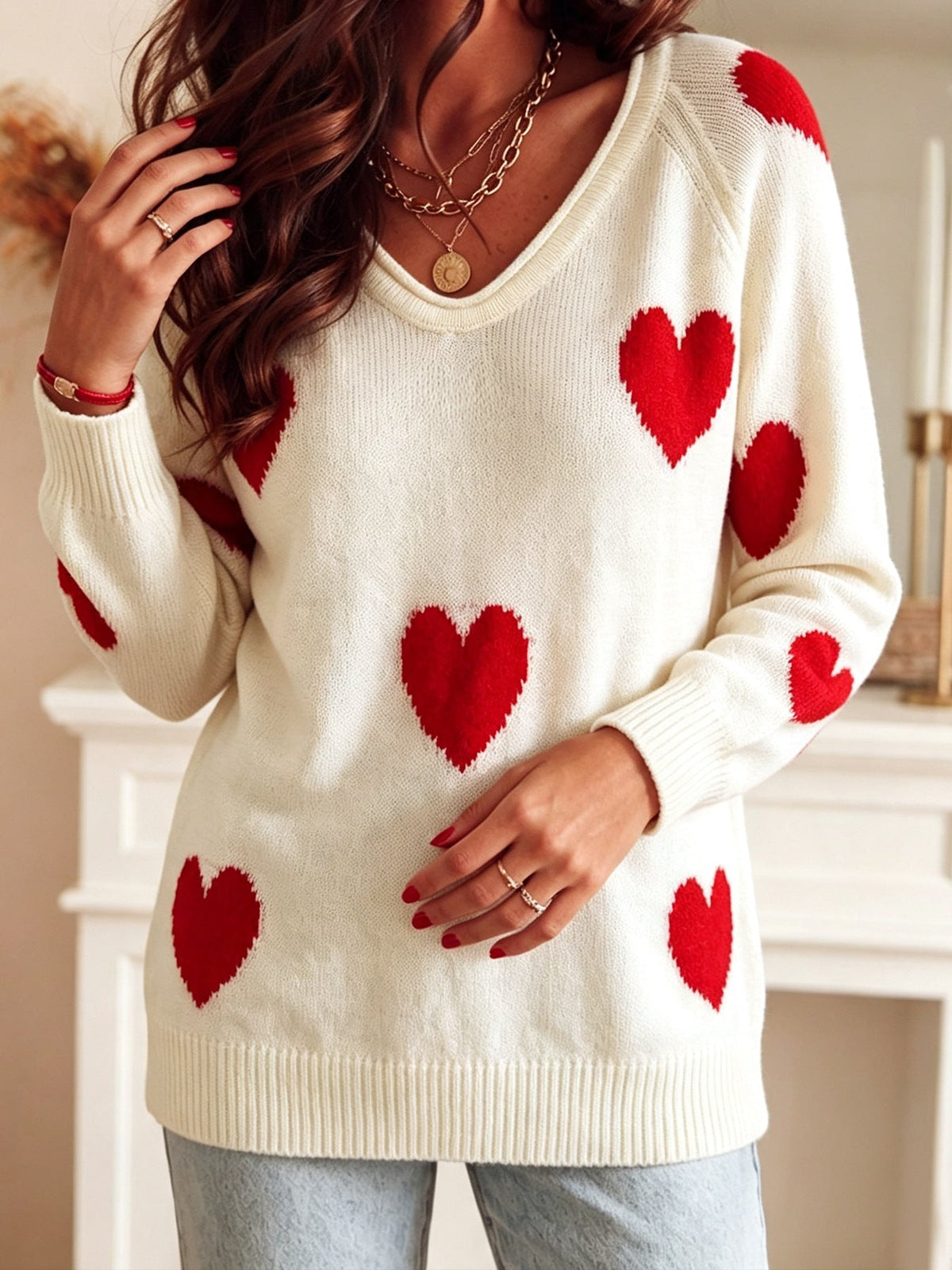 Overzied Casual Cream White All Over Red Heart Pattern Long Sleeve Knit Top For Women