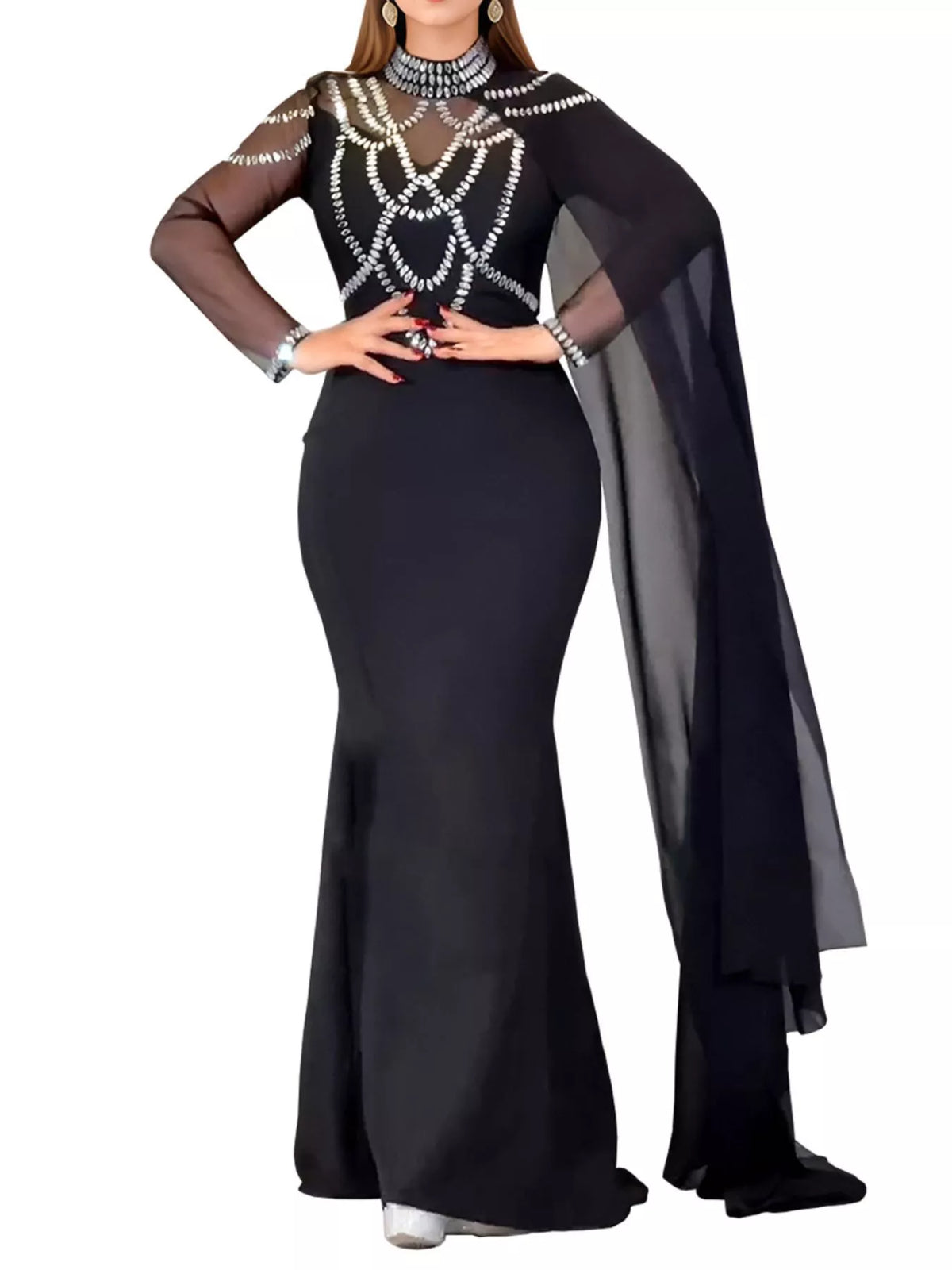 Rhinestone Slit Maxi Dress with Sheer Cape Sleeves