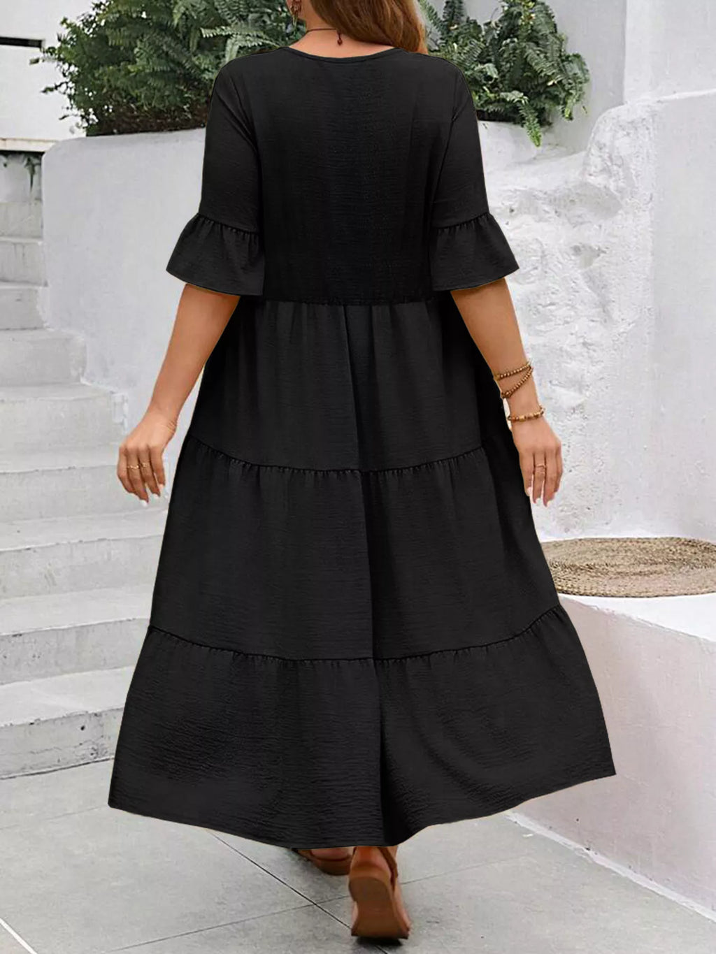 Ruffle Sleeves Tiered Midi Dress