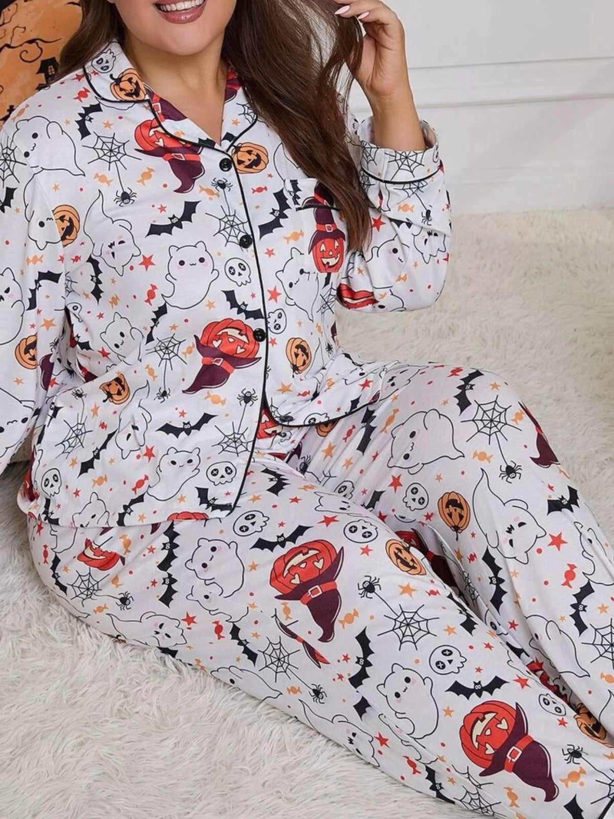 Halloween Ghost and Pumpkin Print Top and Pants Lounge Set