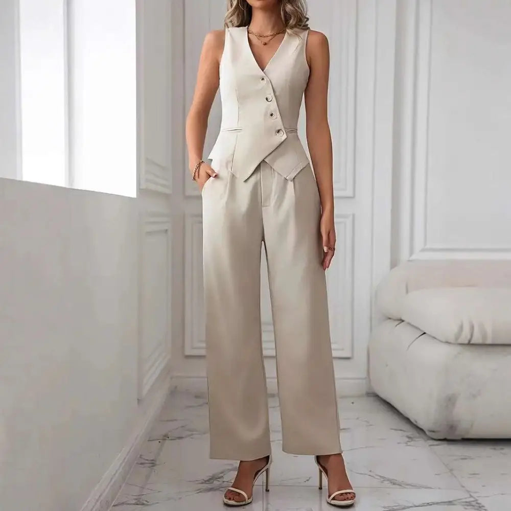 Beige Pleated Casual Vest Suit Pants