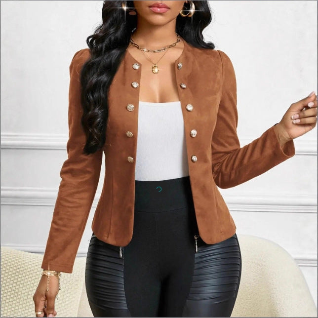 Womens Double-breasted Long-sleeve Suit Jacket Without Lining