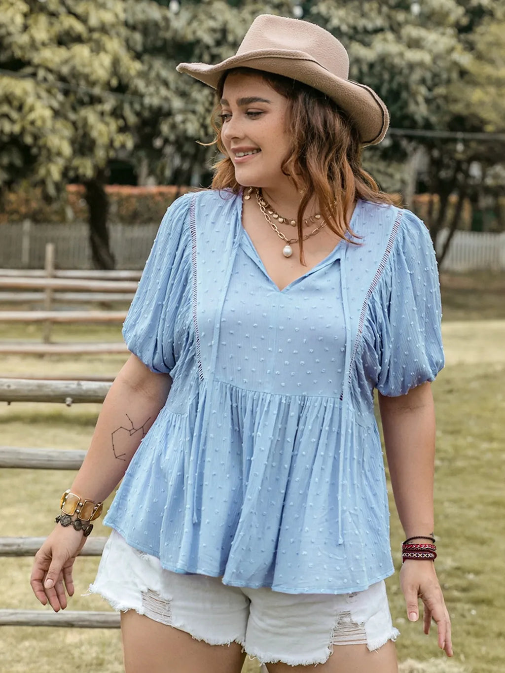 Swiss Dot Tie Neck Short Sleeve Blouse