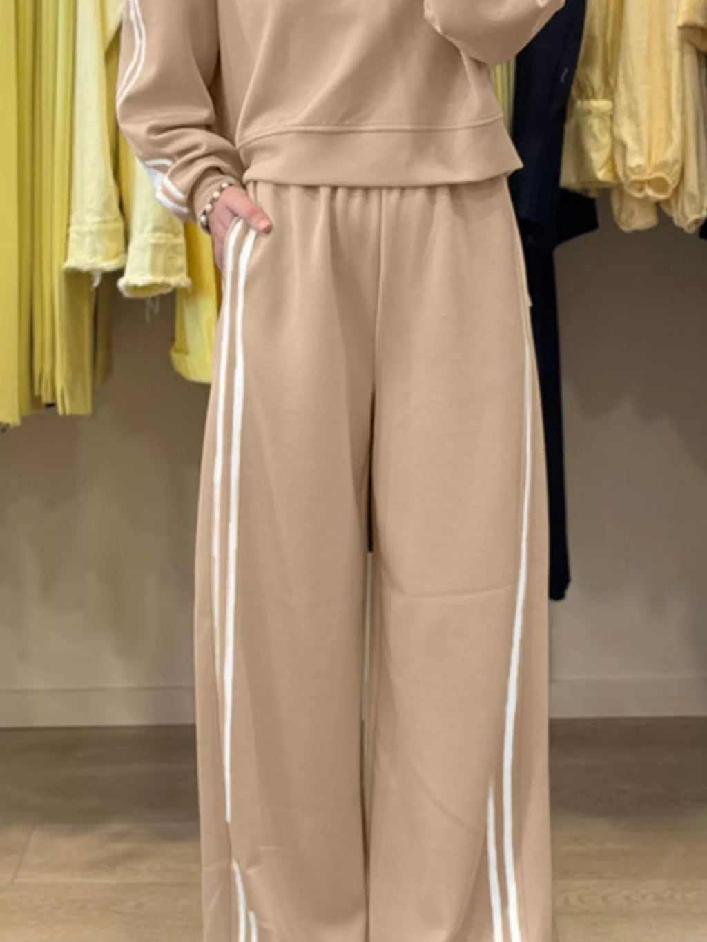 Striped Detail Crewneck Top and Elastic Sweatpants 2pcs Set