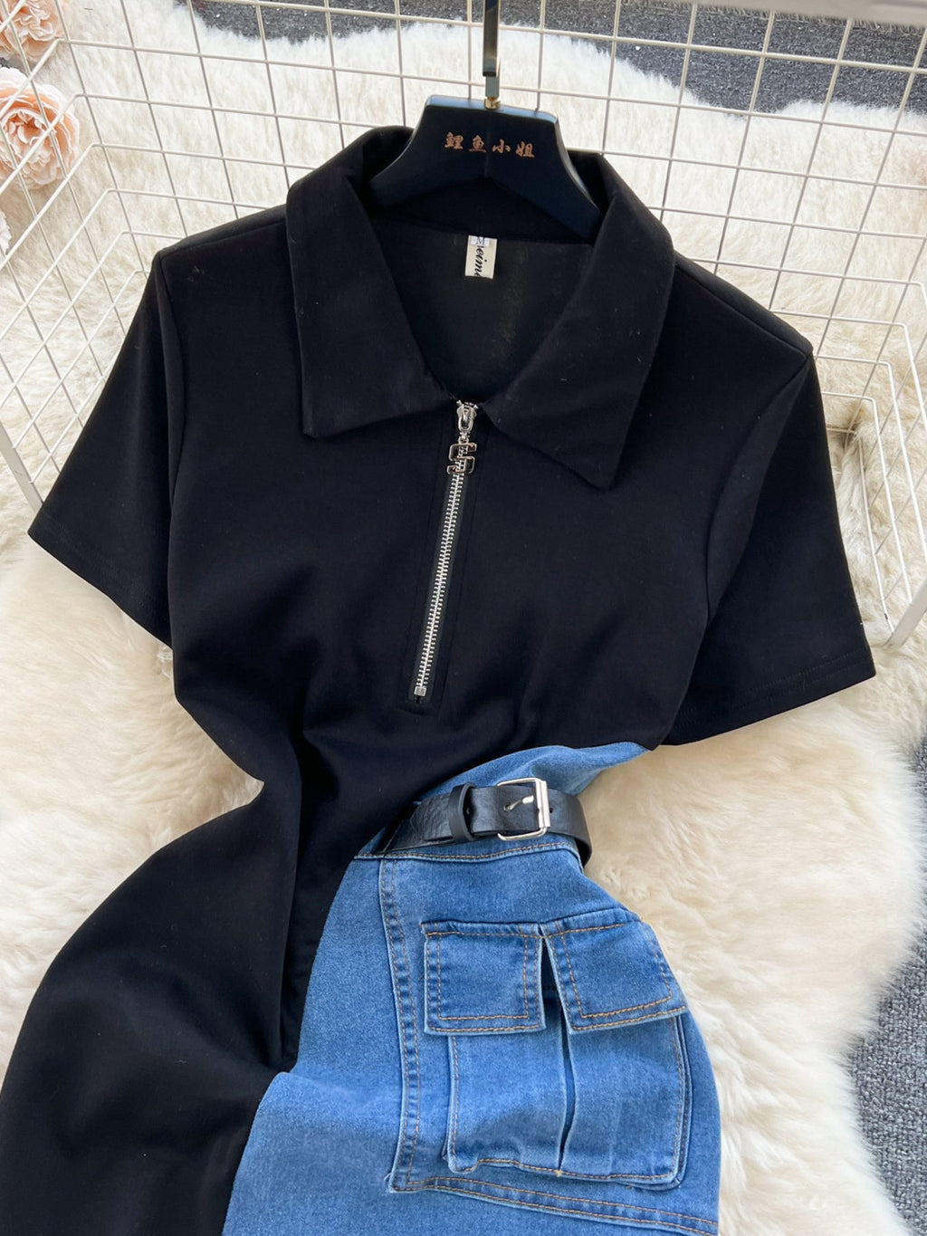 Color Block Denim Patchwork Short Sleeve Midi Dress