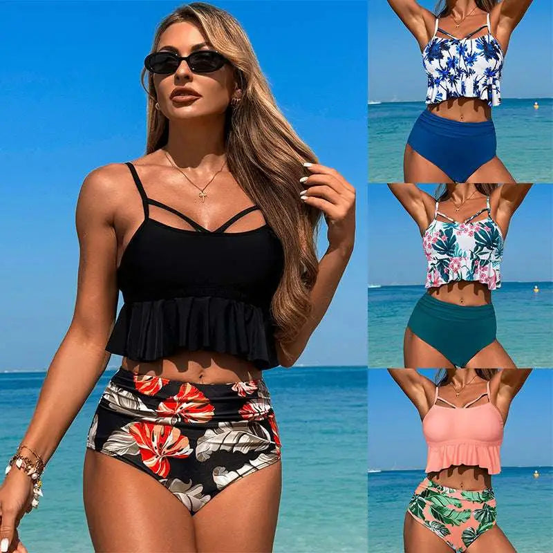 Black Floral Ruffled High Waisted Women’s Swimsuit Bikini