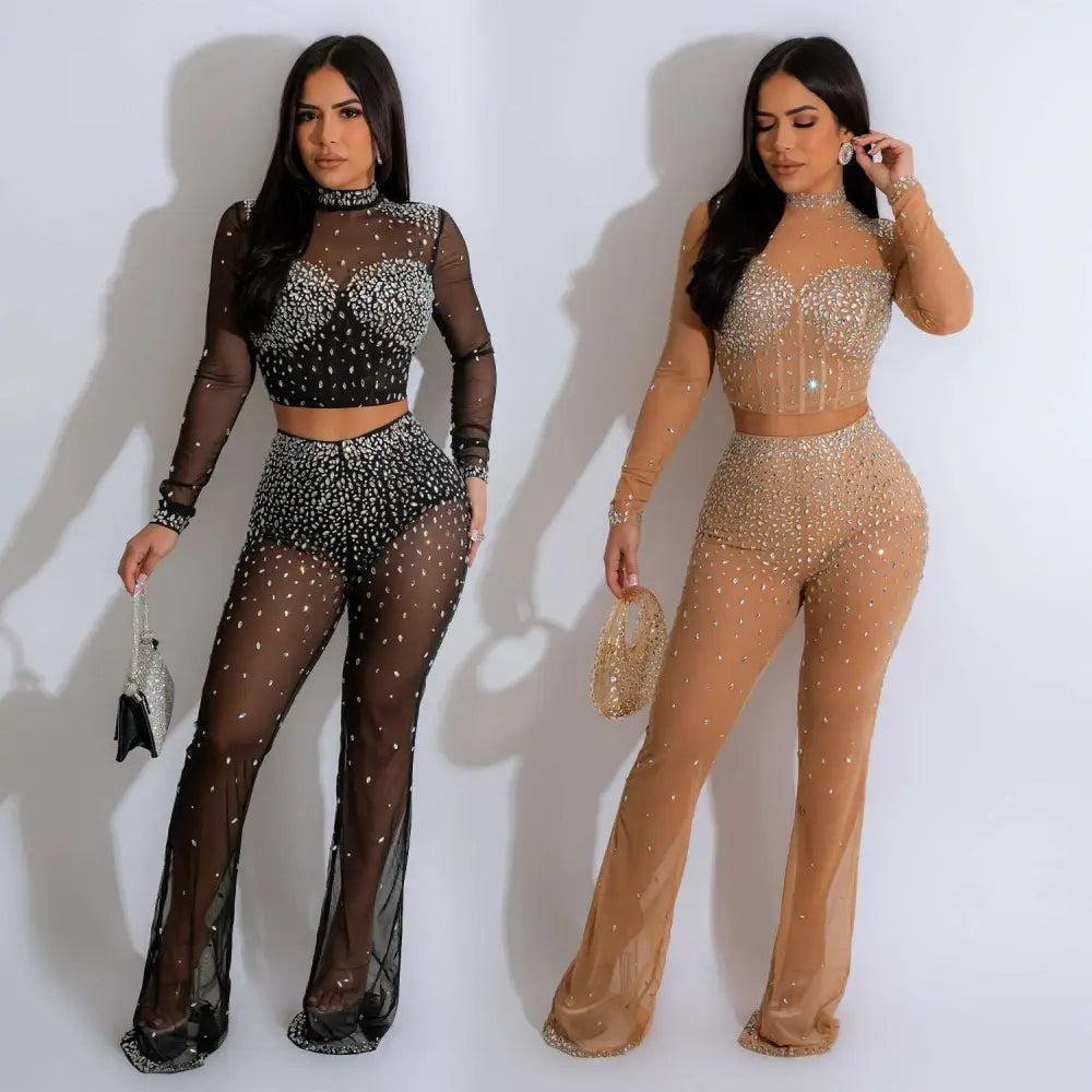 Black Gold Color Mesh Rhinestone Two Piece Set