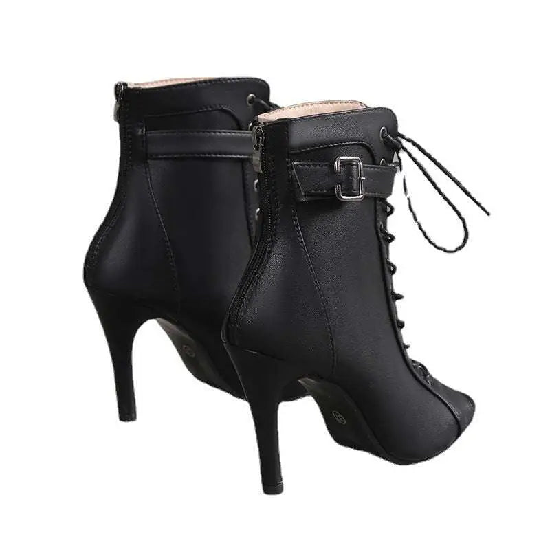 Black Leather Peep Toe High Heel Pumps