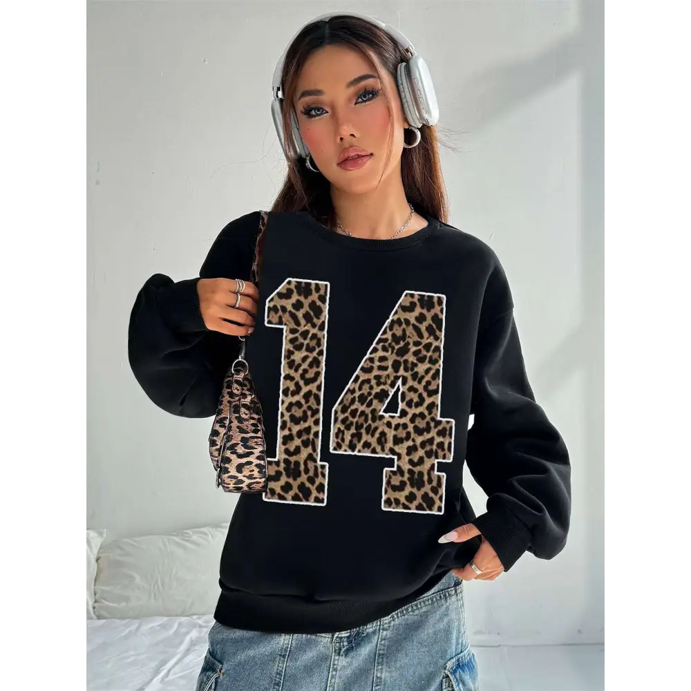 Black Leopard Number 14 Crew Neck Sweatshirt