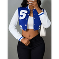 Blue and White Ladies Printed Baseball Jacket