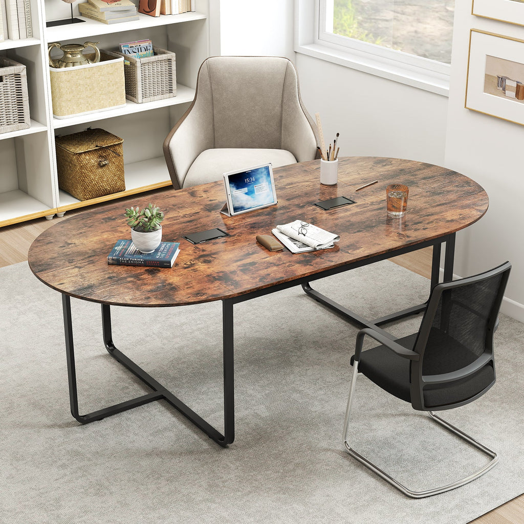 95 Inches Oval Conference Industrial Executive Table with Dual Cable Holes-Rustic Brown