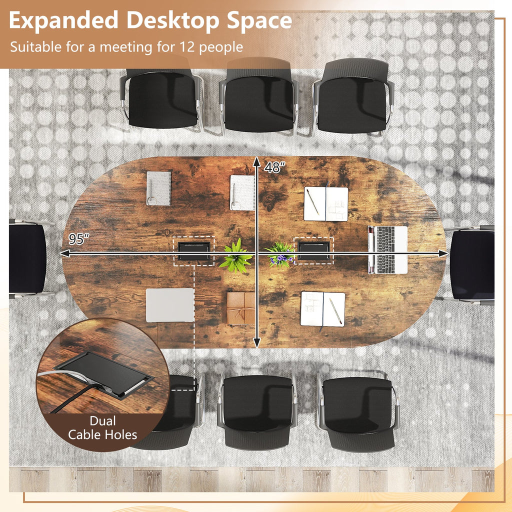 95 Inches Oval Conference Industrial Executive Table with Dual Cable Holes-Rustic Brown