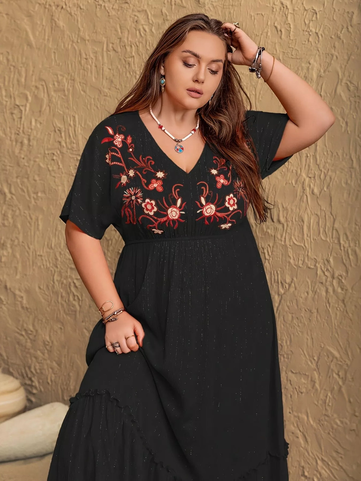 Embroidered V-Neck Maxi Dress