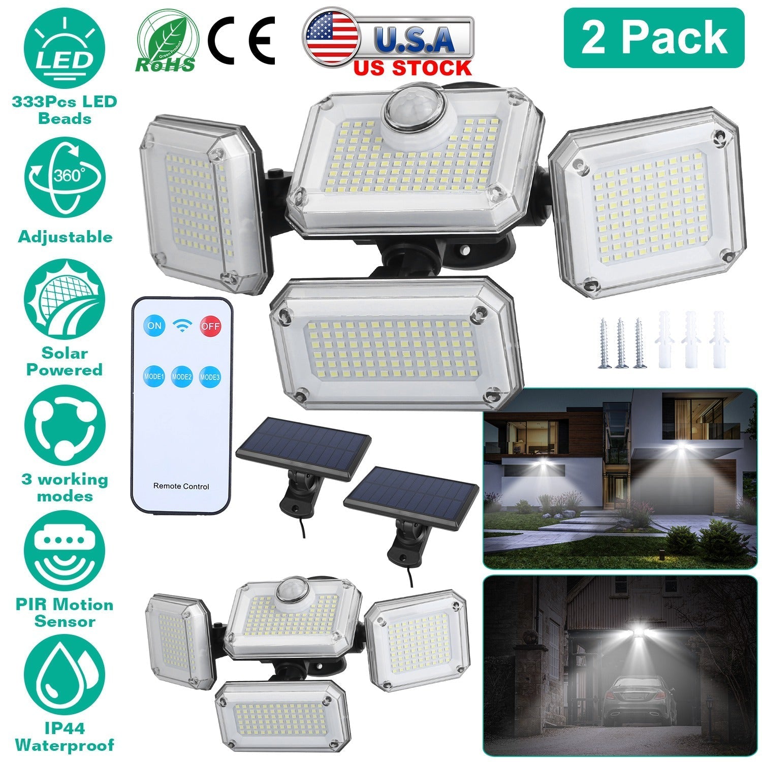 2 Pack Solar Powered Wall Lights IP44 Waterproof Motion Sensor Lamps with Separate Solar Panel 4 Adjustable Heads 333Pcs Beads 120¡ Sensing Angle Remo