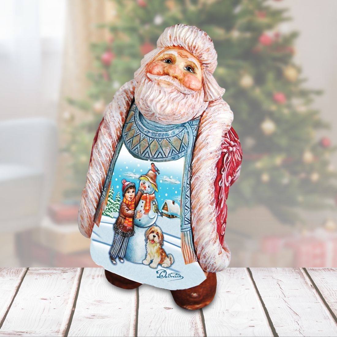 Santa with child and dog making Snowman Handcrafted Christmas Figurine - G. DeBrekht - Christmas Santa Snowman Decor - 534511