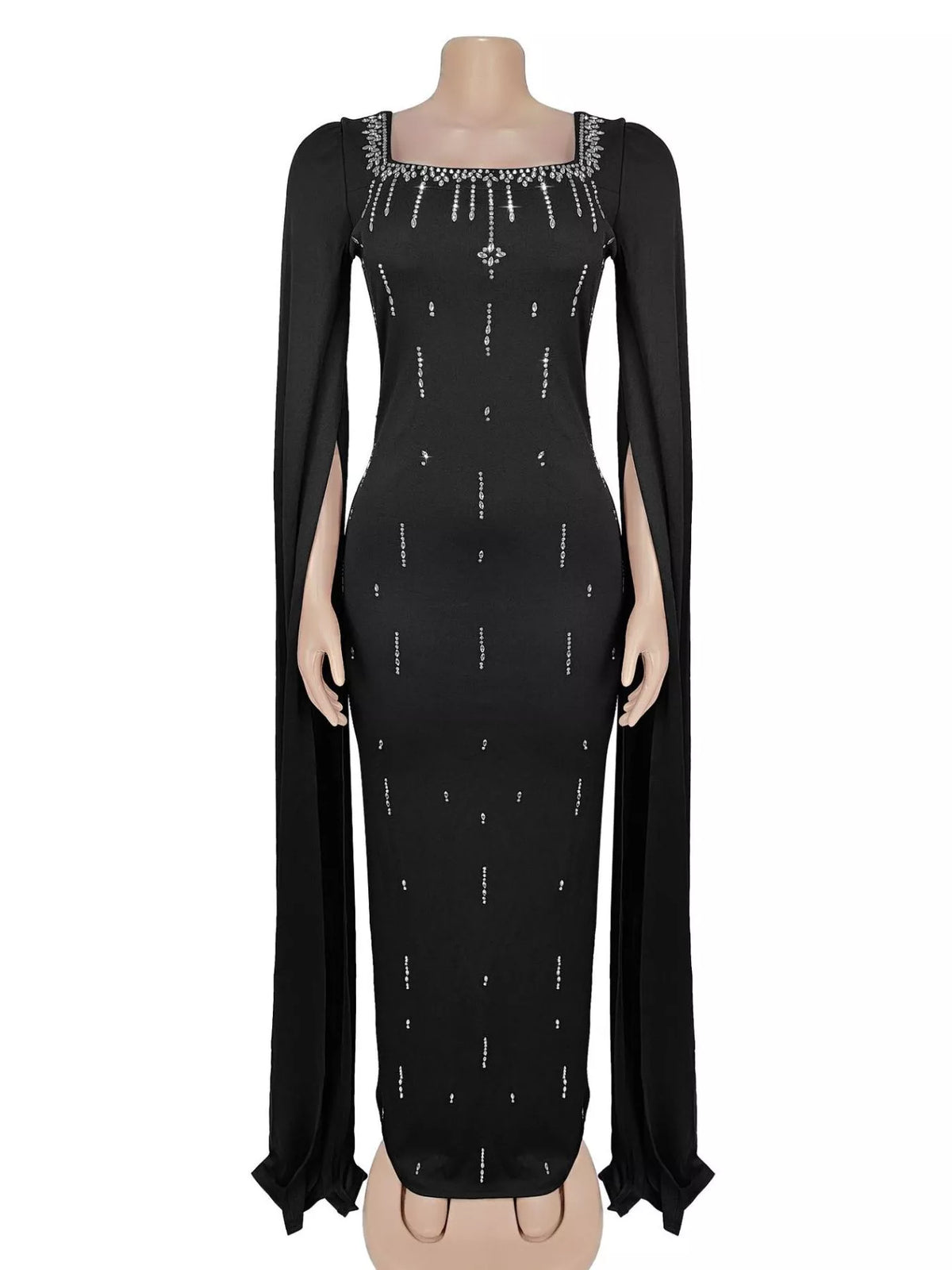 Rhinestone Square Neck Slit Sleeve Maxi Dress