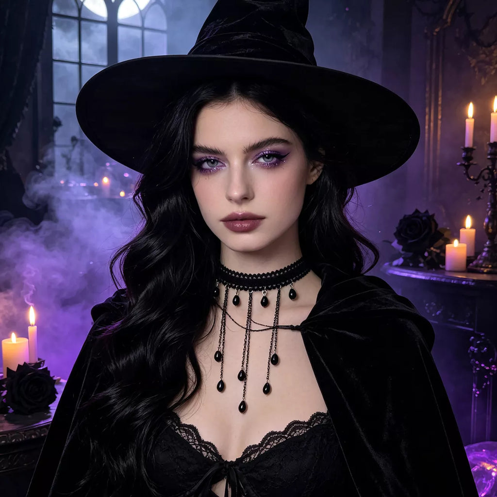 Gothic Lace Choker Necklace with Teardrop Dangle Charms