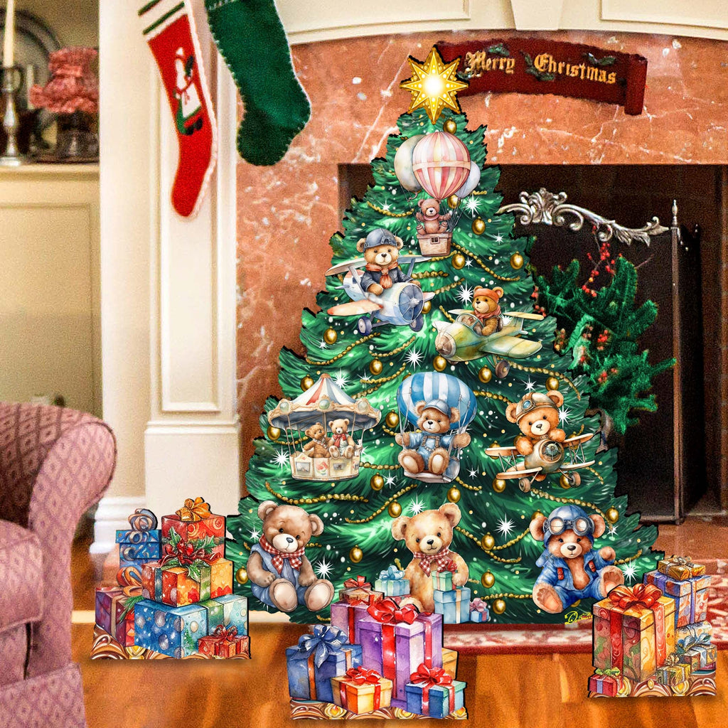 Teddy Bear-Themed Christmas Tree Set Outdoor Indoor Décor Wooden Christmas Decoration by G. Debrekht Christmas Décor - 8191508F-G