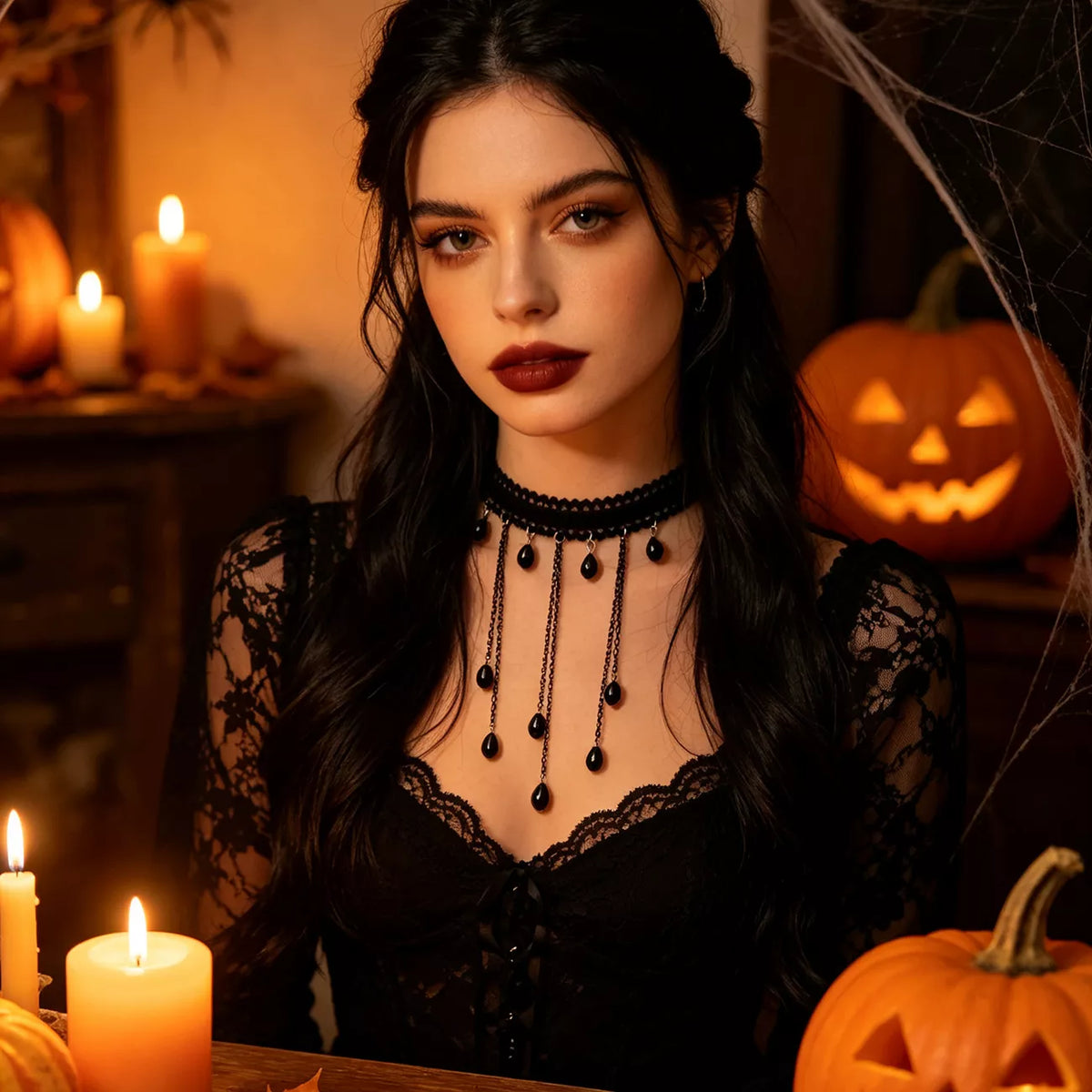 Gothic Lace Choker Necklace with Teardrop Dangle Charms