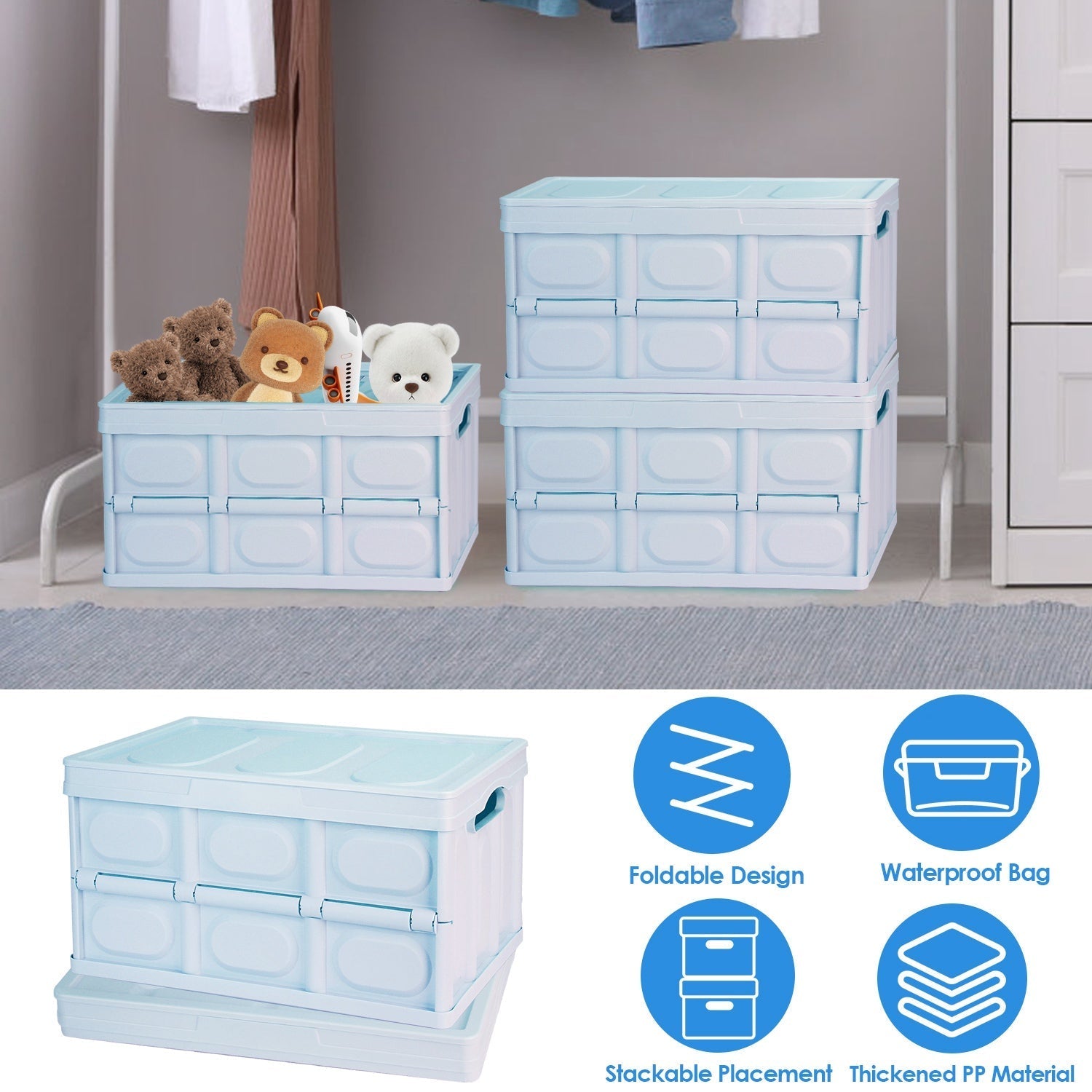 2Pcs 30L Collapsible Storage Bins With Dustproof Lid Waterproof Interior Bag Handle Stackable Storage Box Container Utility Organizer Crate For Campin