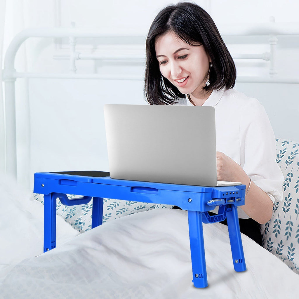 Foldable Laptop Table Bed Notebook Desk w/Cooling Fan Mouse Board LED light 4 x USB Ports Breakfast Snacking Tray with Storage Groove For Home Office