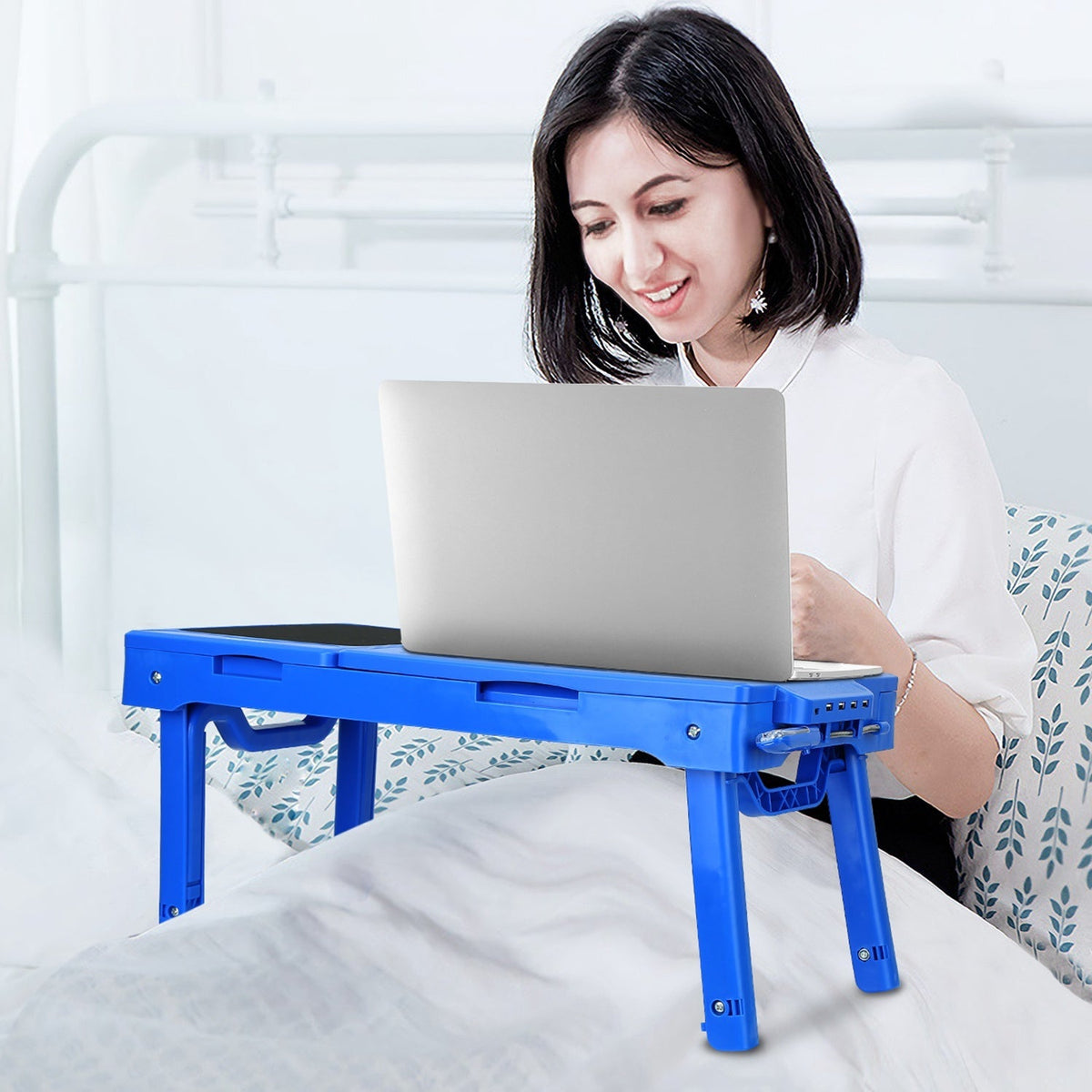 Foldable Laptop Table Bed Notebook Desk w/Cooling Fan Mouse Board LED light 4 x USB Ports Breakfast Snacking Tray with Storage Groove For Home Office