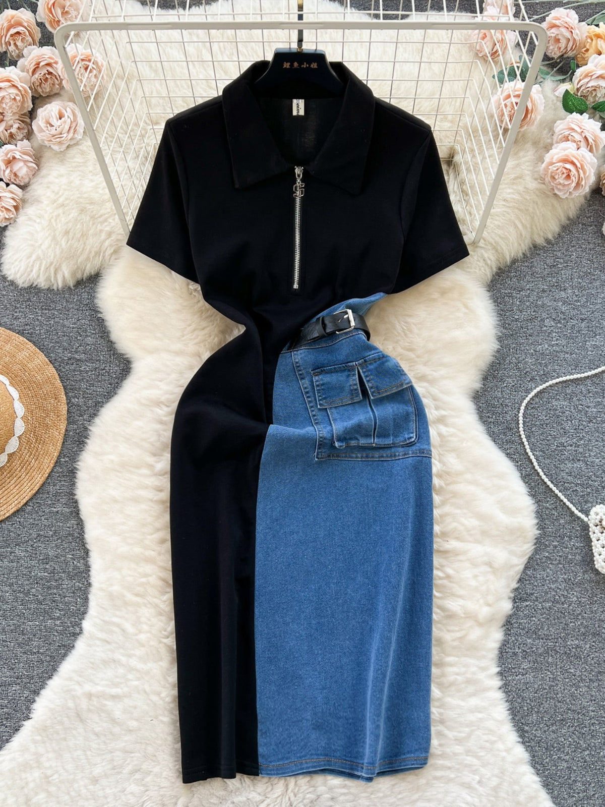 Color Block Denim Patchwork Short Sleeve Midi Dress