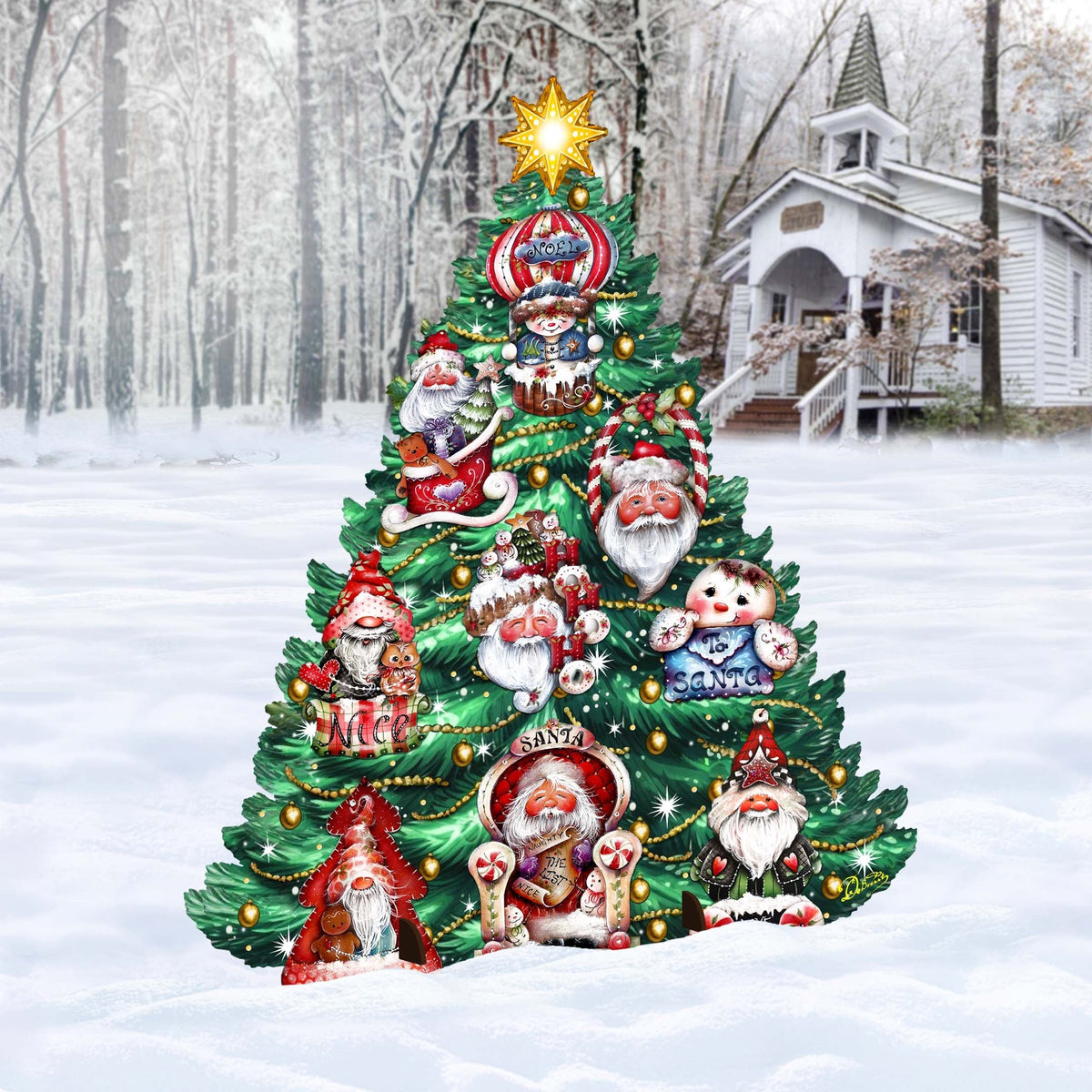 Santa-Themed Christmas Tree Outdoor Indoor Decor Wooden Christmas Decoration by Jamie Mills-Price Christmas Decor - 8191509F