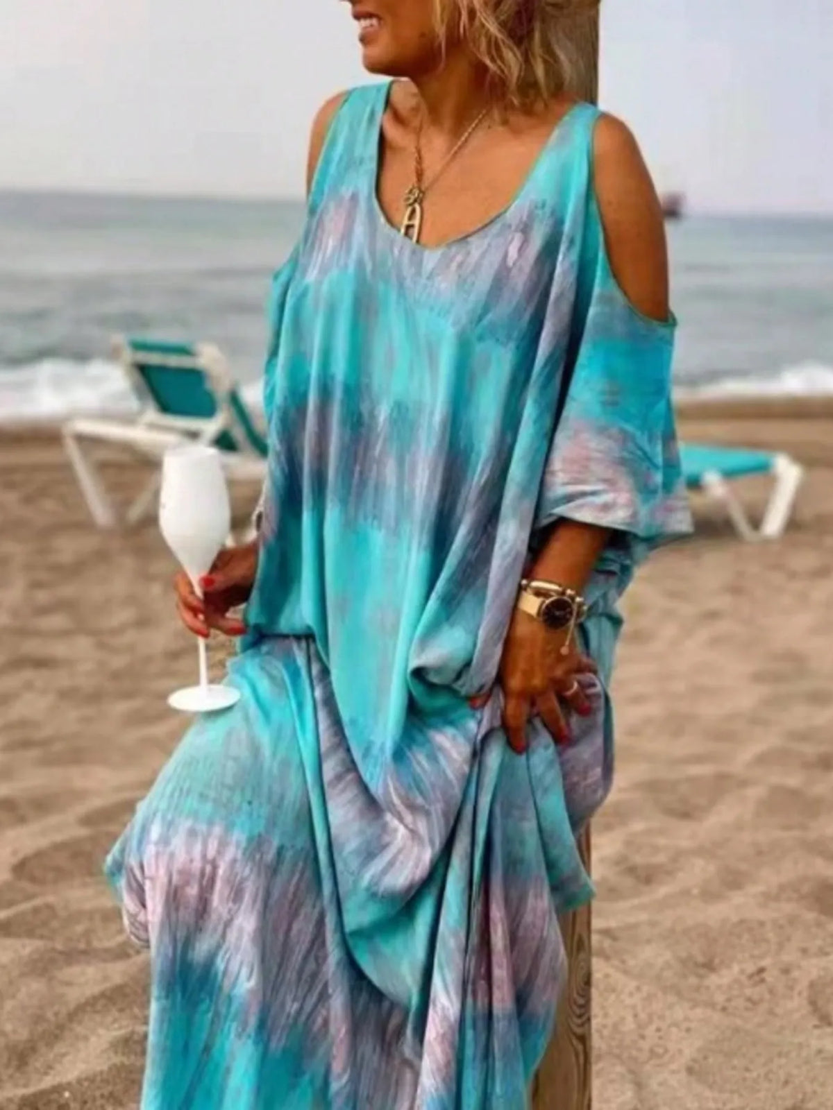 Tie-Dye Cold Shoulder Maxi Dress