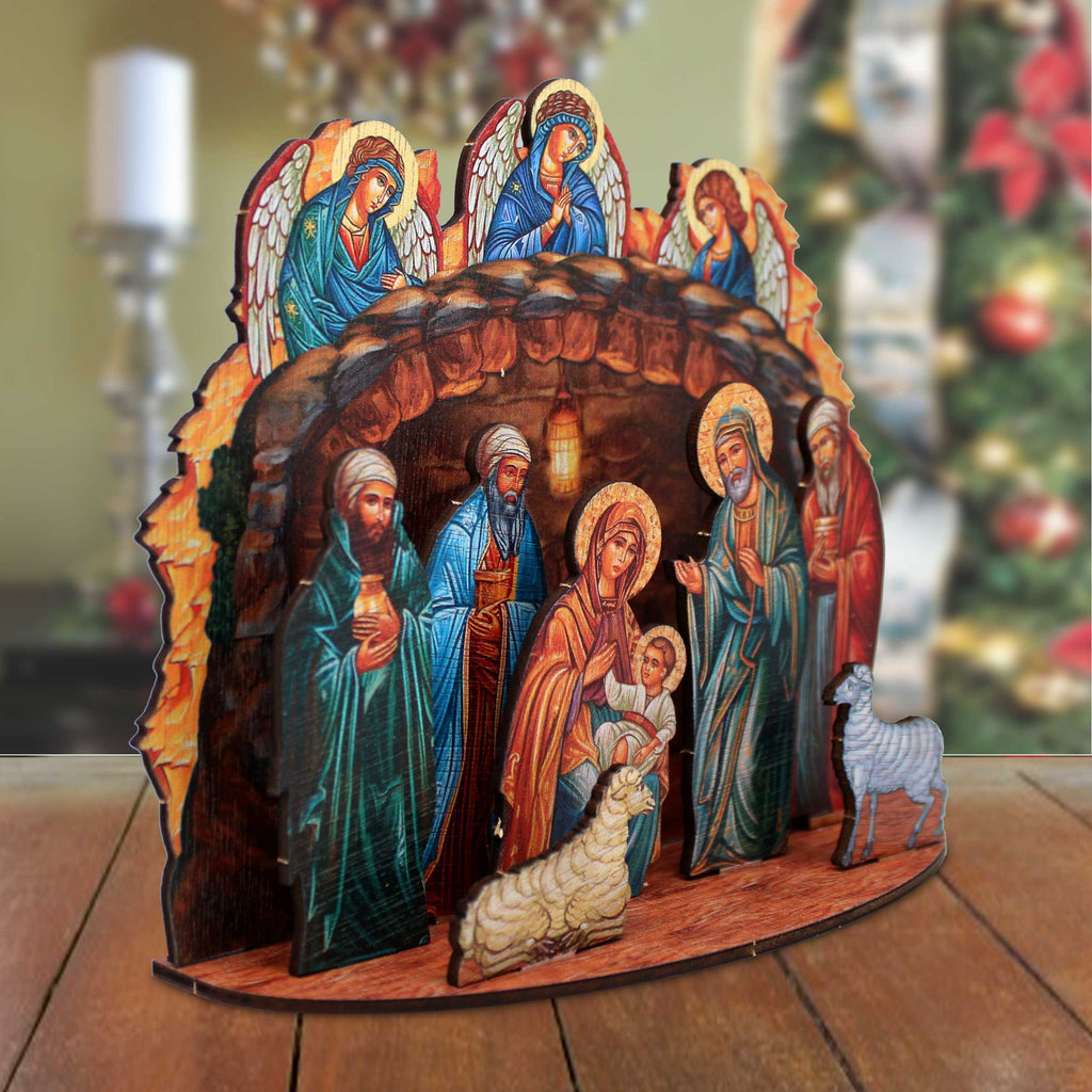Orthodox Nativity Scene with Angels Decorative Village Eco Wood Set by G. Debrekht Nativity Holiday Decor - 852762
