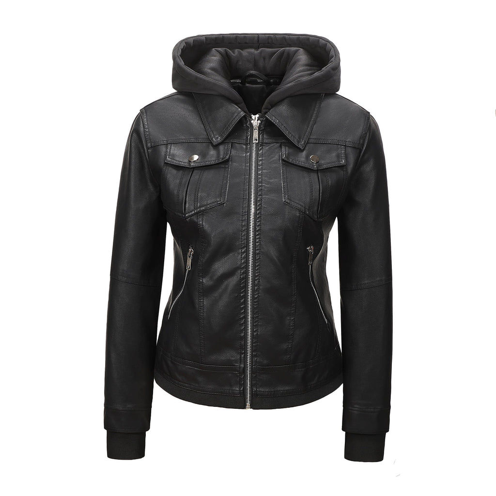 Detachable-hooded Biker Jacket Waist-cinching Faux-leather Coat That Flatters