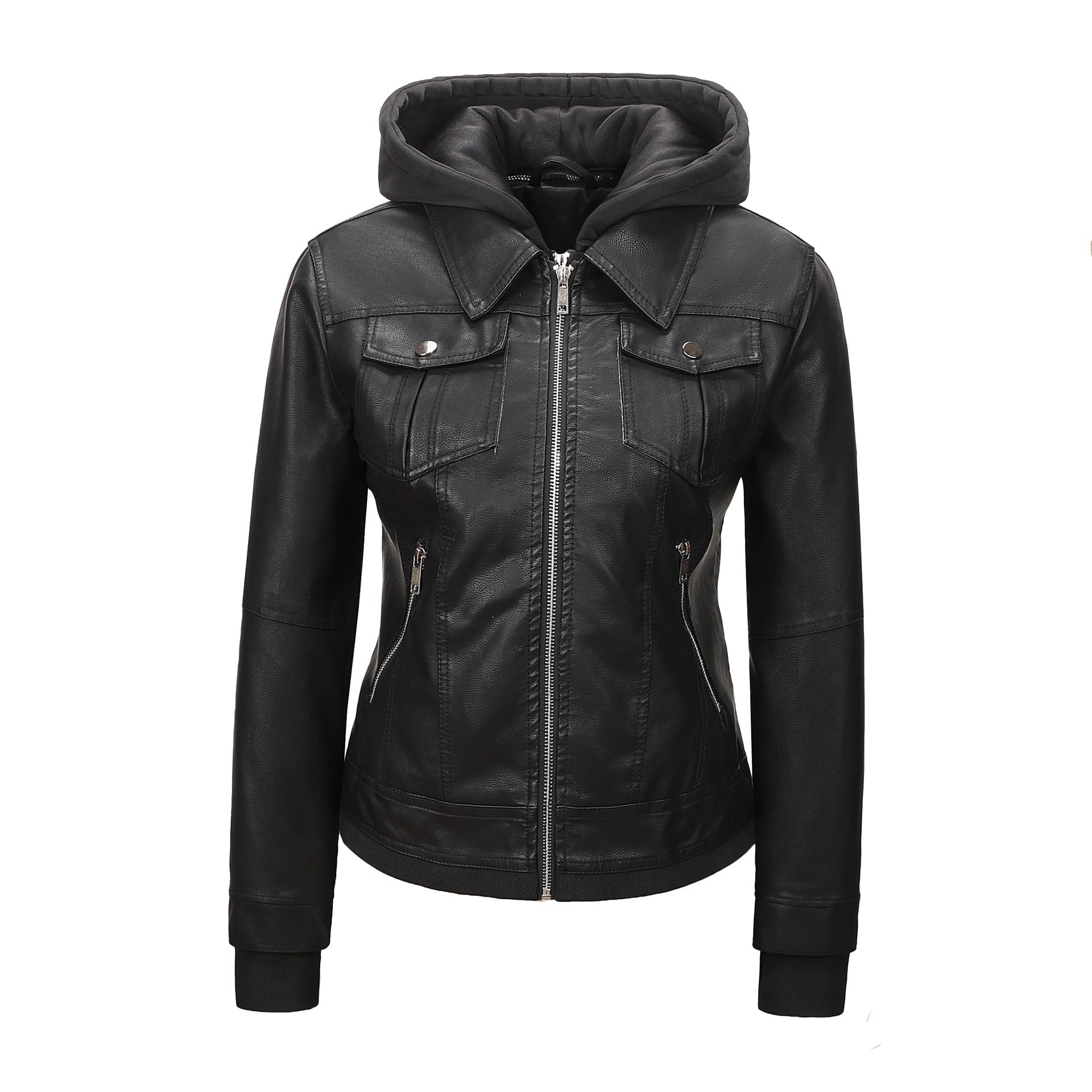 Detachable-hooded Biker Jacket Waist-cinching Faux-leather Coat That Flatters