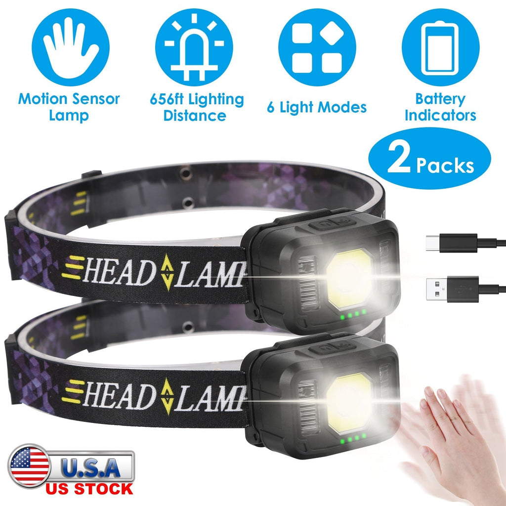 2Packs Rechargeable Motion Sensor Headlamp 6 Light Modes COB XPG Headlight Torch Flashlight for Fishing Running Camping Hiking