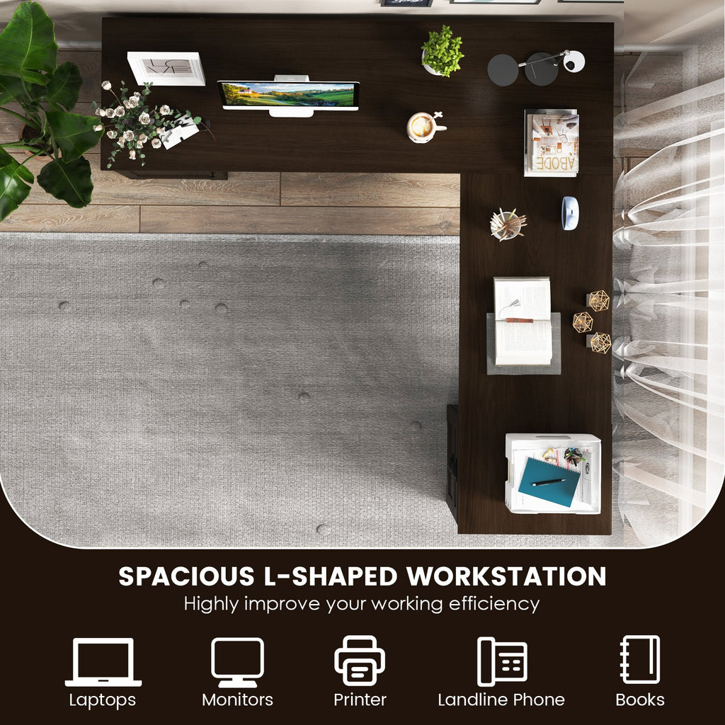 66 Inch L-Shaped Writing Study Workstation Computer Desk with Drawers-Coffee