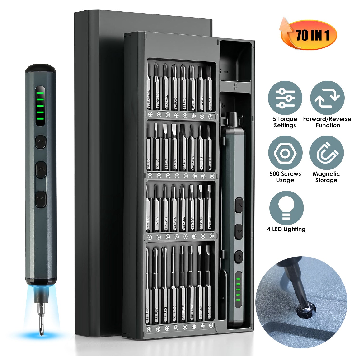 70 In 1 3.7V Mini Electric Screwdriver Kit Rechargeable Magnetic Repair Tool Kit with 5 Torque Settings 64 S2 Precision Bits 4 LED Lights for Phone Ca