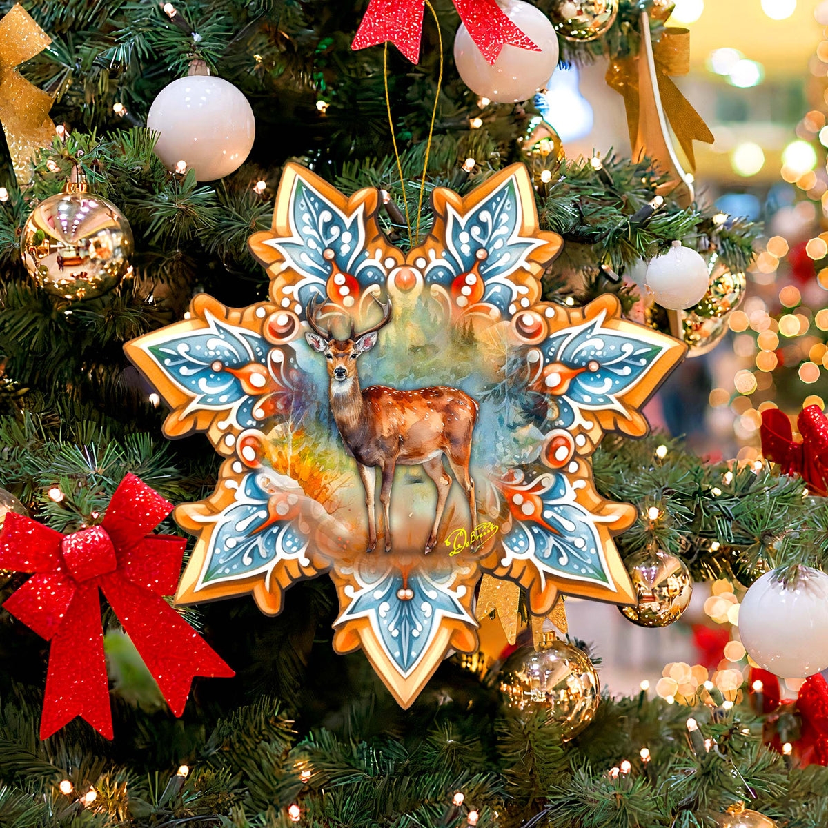 Forest Elk Snowflake Large Wooden Ornament by G. Debrekht - Nature Wildlife Decor - 8688413M