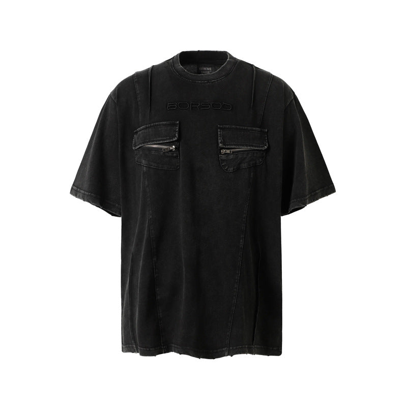 High Street Retro Workwear Zipper Pocket Decoration Washed Distressed Short Sleeve