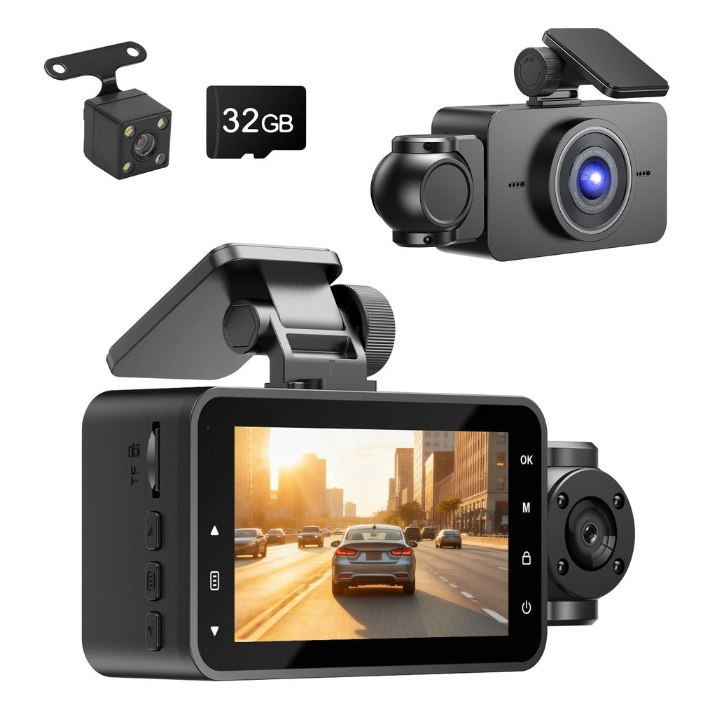 WiFi 1080P 3-Channel Dash Cam with Night Vision & 32GB Card