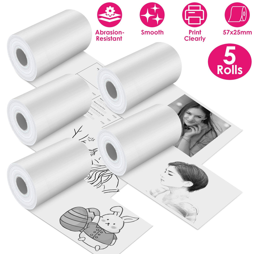 5 Rolls Regular Printer Paper Plate Mini Thermal Printing Paper White Mini Printer Photo Paper Fit for Wireless Thermal Mini Printer 57x25mm